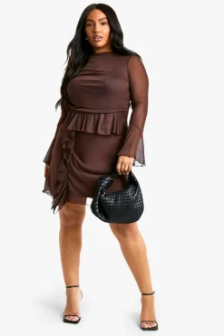 Smock Dresses*boohoo Plus Mesh Ruffle Flared Sleeve Smock Dress chocolate