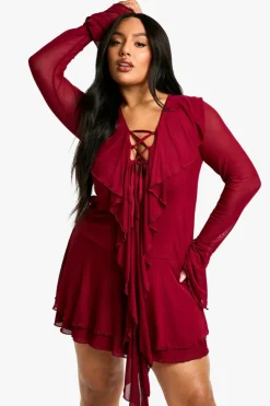 Skater Dresses*boohoo Plus Mesh Ruffle Lace Up Skater Dress berry
