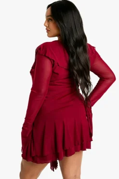 Skater Dresses*boohoo Plus Mesh Ruffle Lace Up Skater Dress berry
