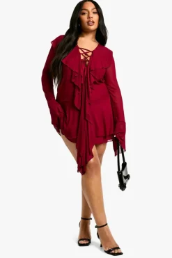 Skater Dresses*boohoo Plus Mesh Ruffle Lace Up Skater Dress berry