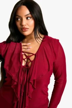Skater Dresses*boohoo Plus Mesh Ruffle Lace Up Skater Dress berry