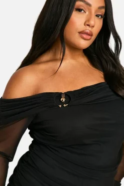 Bodycon Dresses|Mini Dresses*boohoo Plus Mesh Trim Detail Off Shoulder Ruched Mini Dress black