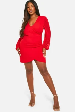 Wrap Dresses*boohoo Plus Mesh Wrap Dress red