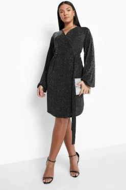 Wrap Dresses*boohoo Plus Metallic Wrap Belted Dress black