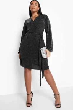 Wrap Dresses*boohoo Plus Metallic Wrap Belted Dress black