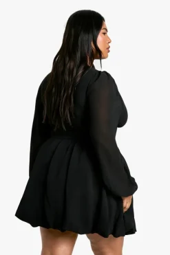 Skater Dresses|Long Sleeve Dresses*boohoo Plus Milkmaid Woven bubble Hem Skater Dress black