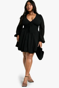 Skater Dresses|Long Sleeve Dresses*boohoo Plus Milkmaid Woven bubble Hem Skater Dress black
