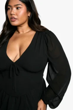 Skater Dresses|Long Sleeve Dresses*boohoo Plus Milkmaid Woven bubble Hem Skater Dress black