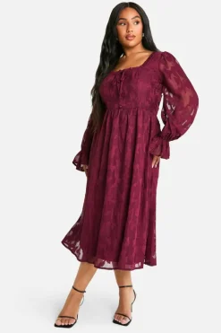 Midi Dresses*boohoo Plus Milkmaid Woven Burnout Floral Midi Skater Dress plum