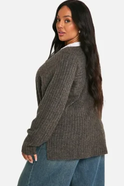 Jumpers|Jumpers & Cardigans*boohoo Plus Mixed Rib Longline Jumper chocolate