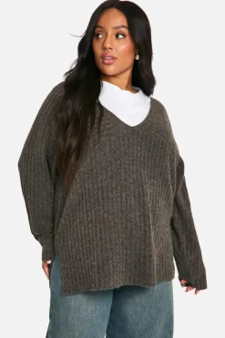 Jumpers|Jumpers & Cardigans*boohoo Plus Mixed Rib Longline Jumper chocolate