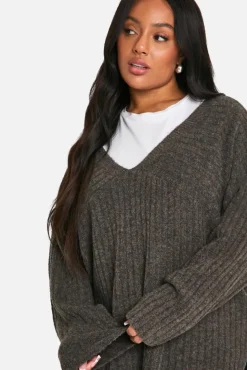 Jumpers|Jumpers & Cardigans*boohoo Plus Mixed Rib Longline Jumper chocolate