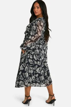 Skater Dresses*boohoo Plus Mono Floral Chiffon Long Sleeve Frill Midaxi Dress black