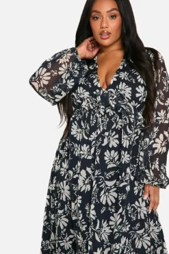 Skater Dresses*boohoo Plus Mono Floral Chiffon Long Sleeve Frill Midaxi Dress black