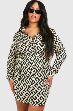 Shirt Dresses|Mini Dresses*boohoo Plus Mono Printed Shirt Dress black