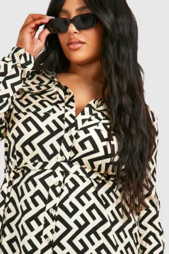 Shirt Dresses|Mini Dresses*boohoo Plus Mono Printed Shirt Dress black