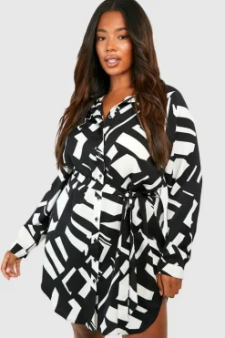 Shirt Dresses*boohoo Plus Mono Printed Tie Belt Shirt Dress black