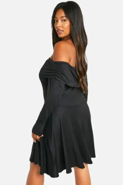 Skater Dresses*boohoo Plus Off Shoulder Long Sleeve Skater Dress black