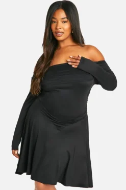 Skater Dresses*boohoo Plus Off Shoulder Long Sleeve Skater Dress black