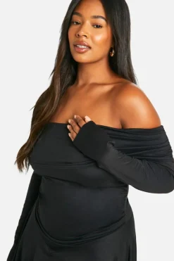 Skater Dresses*boohoo Plus Off Shoulder Long Sleeve Skater Dress black
