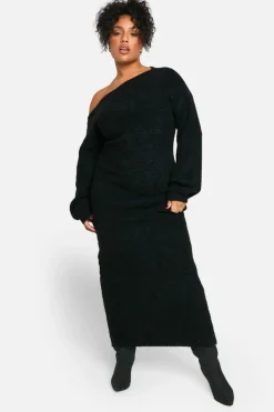 Maxi Dresses|Jumper Dresses*boohoo Plus Off The Shoulder Borg Knitted Maxi Dress black
