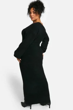 Maxi Dresses|Jumper Dresses*boohoo Plus Off The Shoulder Borg Knitted Maxi Dress black