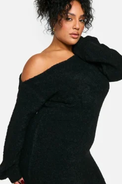 Maxi Dresses|Jumper Dresses*boohoo Plus Off The Shoulder Borg Knitted Maxi Dress black