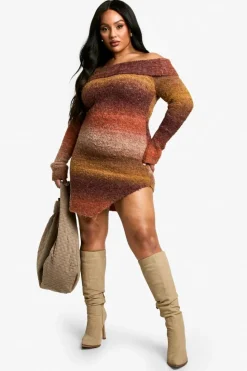 Jumper Dresses|Jumper Dresses*boohoo Plus Ombre Fluffy Knit Bardot Mini Dress rust