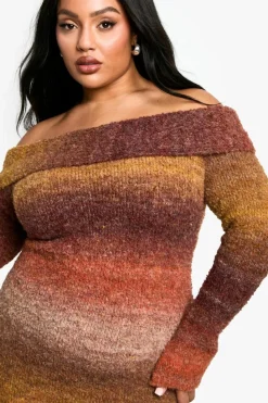 Jumper Dresses|Jumper Dresses*boohoo Plus Ombre Fluffy Knit Bardot Mini Dress rust