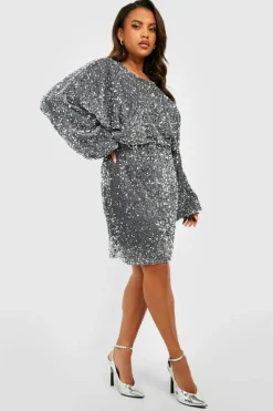 Bodycon Dresses*boohoo Plus Oversized Blouson Sleeve Sequin Mini Dress silver