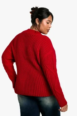 Oversized Jumpers*boohoo Plus Oversized Cable Knit Jumper red