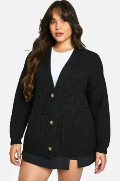 Cardigans*boohoo Plus Oversized Soft Knit Chunky Boyfriend Cardigan black