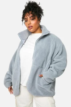 Up To 80% Off Winter Warmers|Bomber Jackets*boohoo Plus Oversized Teddy Zip Up Jacket light grey