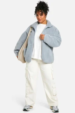 Up To 80% Off Winter Warmers|Bomber Jackets*boohoo Plus Oversized Teddy Zip Up Jacket light grey