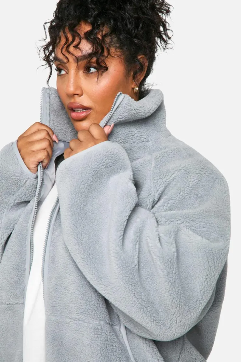 Up To 80% Off Winter Warmers|Bomber Jackets*boohoo Plus Oversized Teddy Zip Up Jacket light grey