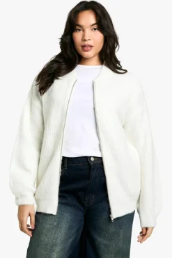 Cardigans|Up To 80% Off Winter Warmers*boohoo Plus Oversized Zip Through Knitted Bomber Jacket off white