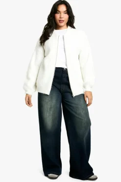 Cardigans|Up To 80% Off Winter Warmers*boohoo Plus Oversized Zip Through Knitted Bomber Jacket off white