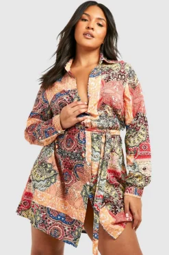Shirt Dresses*boohoo Plus Paisley Long Sleeve Shirt Dress orange