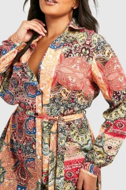 Shirt Dresses*boohoo Plus Paisley Long Sleeve Shirt Dress orange