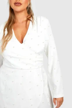 Wrap Dresses|Mini Dresses*boohoo Plus Pearl Detail Wrap Dress white