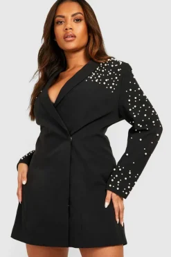Blazer Dresses|Long Sleeve Dresses*boohoo Plus Pearl Embellished Blazer Dress black