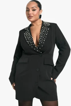 Blazer Dresses|Wrap Dresses*boohoo Plus Pearl Wrap Button Front Blazer Dress black