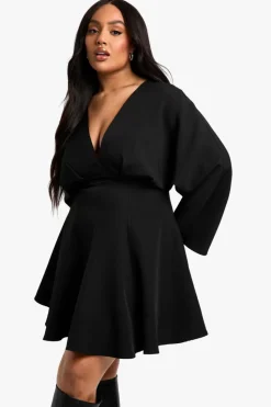 Skater Dresses|Mini Dresses*boohoo Plus Pleated Skirt LONG SLEEVE Skater Dress black