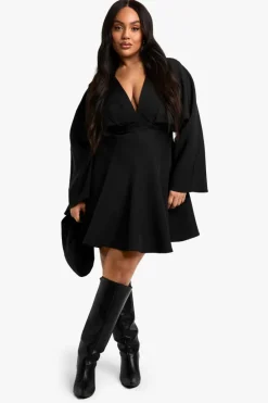 Skater Dresses|Mini Dresses*boohoo Plus Pleated Skirt LONG SLEEVE Skater Dress black