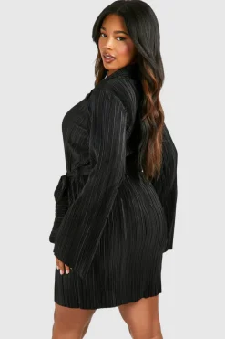 Shirt Dresses|Mini Dresses*boohoo Plus Plisse Flared Sleeve Tie Shirt Dress black