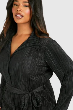 Shirt Dresses|Mini Dresses*boohoo Plus Plisse Flared Sleeve Tie Shirt Dress black