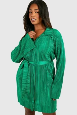 Shirt Dresses*boohoo Plus Plisse Flared Sleeve Tie Shirt Dress green