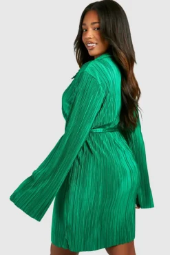 Shirt Dresses*boohoo Plus Plisse Flared Sleeve Tie Shirt Dress green