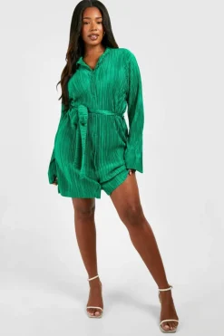 Shirt Dresses*boohoo Plus Plisse Flared Sleeve Tie Shirt Dress green