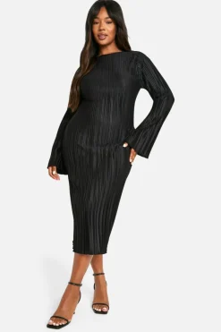 Midi Dresses*boohoo Plus Plisse Flared Sleeve Low Back Column Midi Dress black